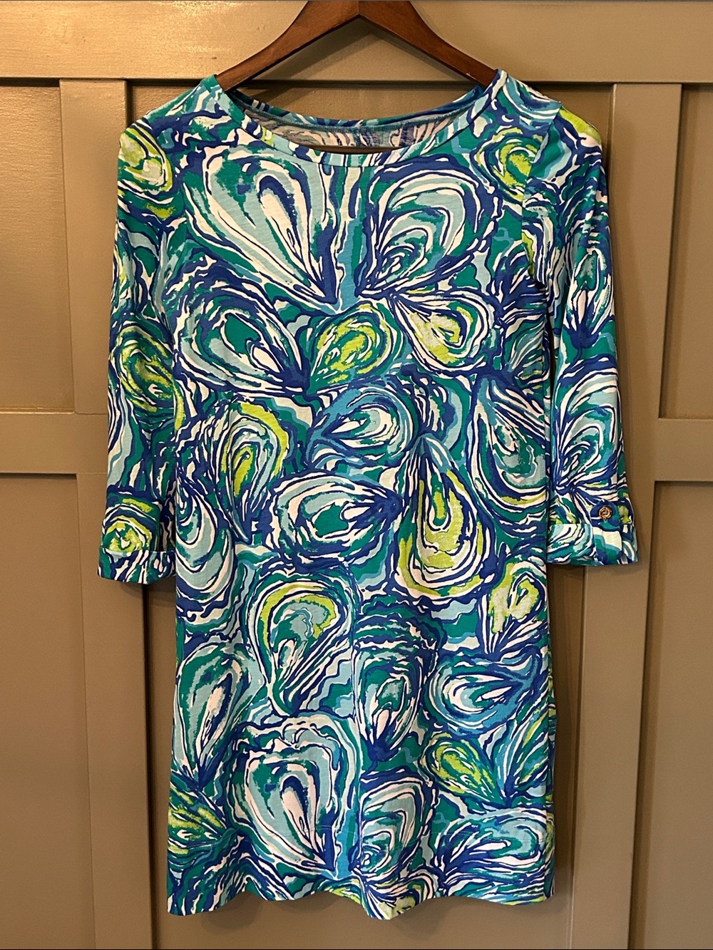 Lilly Pulitzer Linden Dress Oh Shucks Oyster Print Pima Cotton Blue Green XXS - Picture 3 of 9